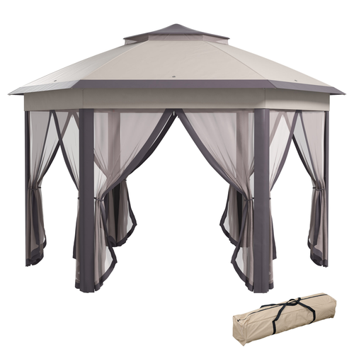 4.05m x 4.05m Metal Frame Mesh Draped 2-Tier Roof Gazebo Brown - Cheap Tent