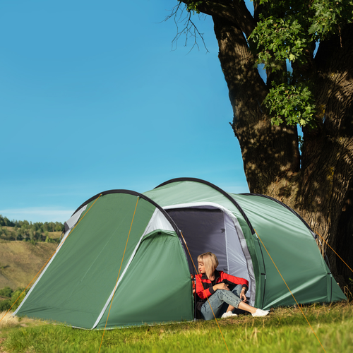 Outsunny 3 Man Camping Tent with Porch and Weather-Resistant Rainfly, Green - Cheap Tent