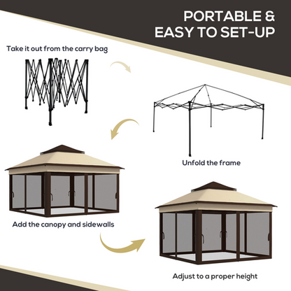 Outsunny 3 x 3(m) Pop Up Gazebo Tent with Netting, Height Adjustable, Beige - Cheap Tent
