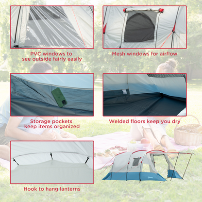 6-8 Person Tunnel Tent, Two-room Camping Tent with Carry Bag, Blue - Cheap Tent