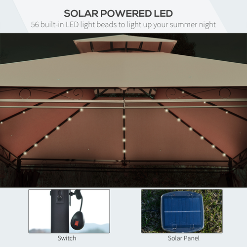 4 x 3m Outdoor Tent Garden Pavilion LED Solar Light Steel Frame, Khaki - Cheap Tent