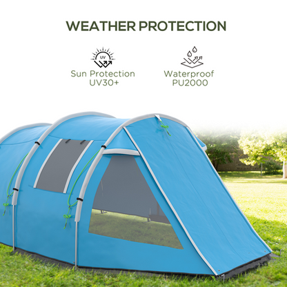 3-4 Persons Tunnel Tent, Two Room Camping Tent w/ Windows, Blue - Cheap Tent
