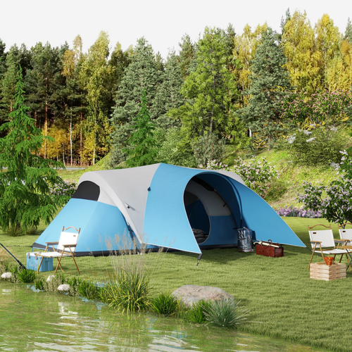 Outsunny 3000mm Waterproof Camping Tent with Porch & Sewn in Groundsheet, Blue - Cheap Tent