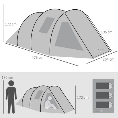 Outsunny 3-4 Persons Tunnel Tent, Two Room Camping Tent w/ Windows, Green - Cheap Tent